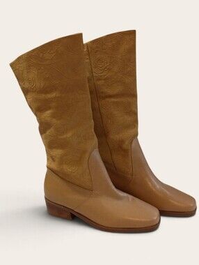 Women’s Tall Tan Leather Boots with Embossed Suede Shaft